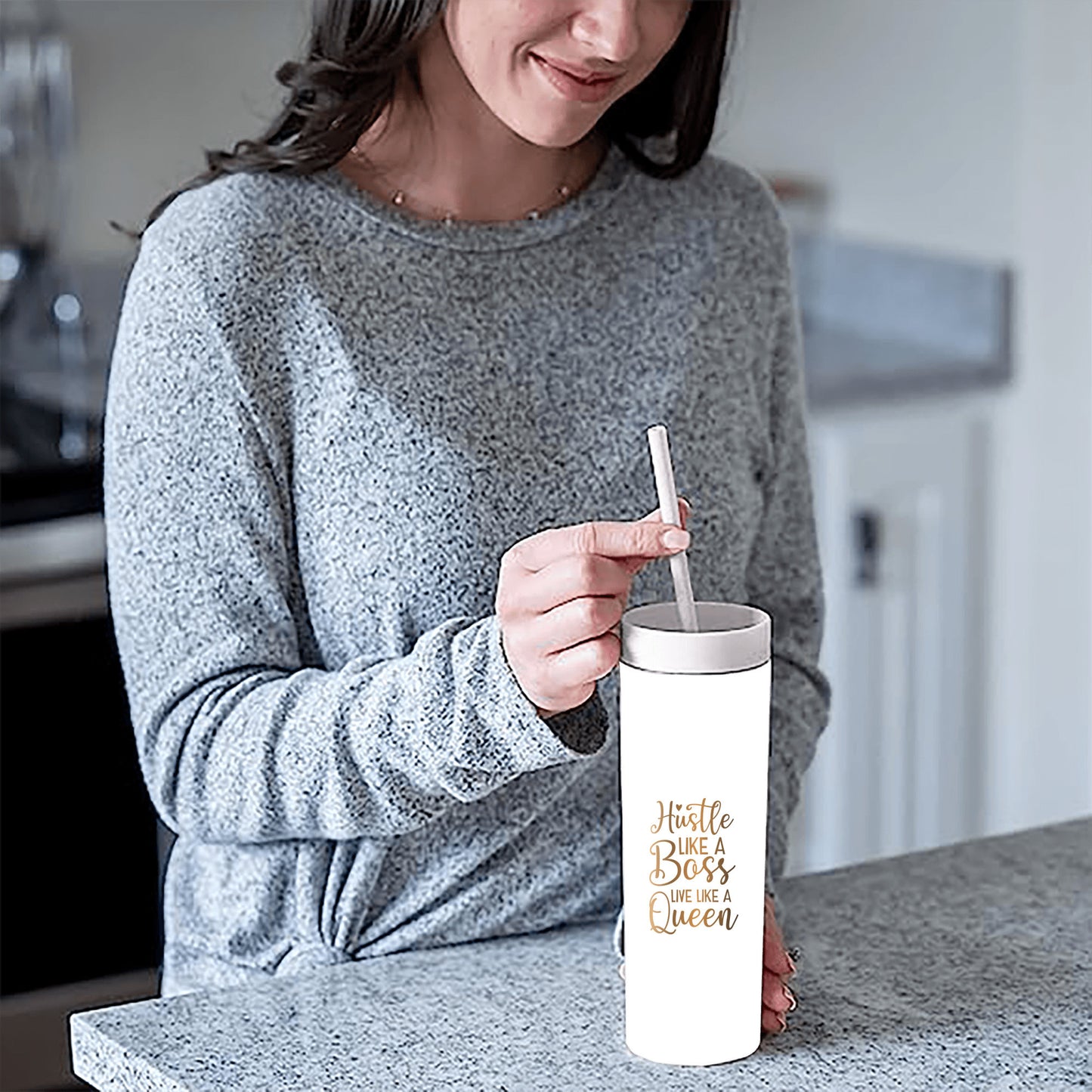 Hustle Like A Boss Skinny WHITE Tumbler