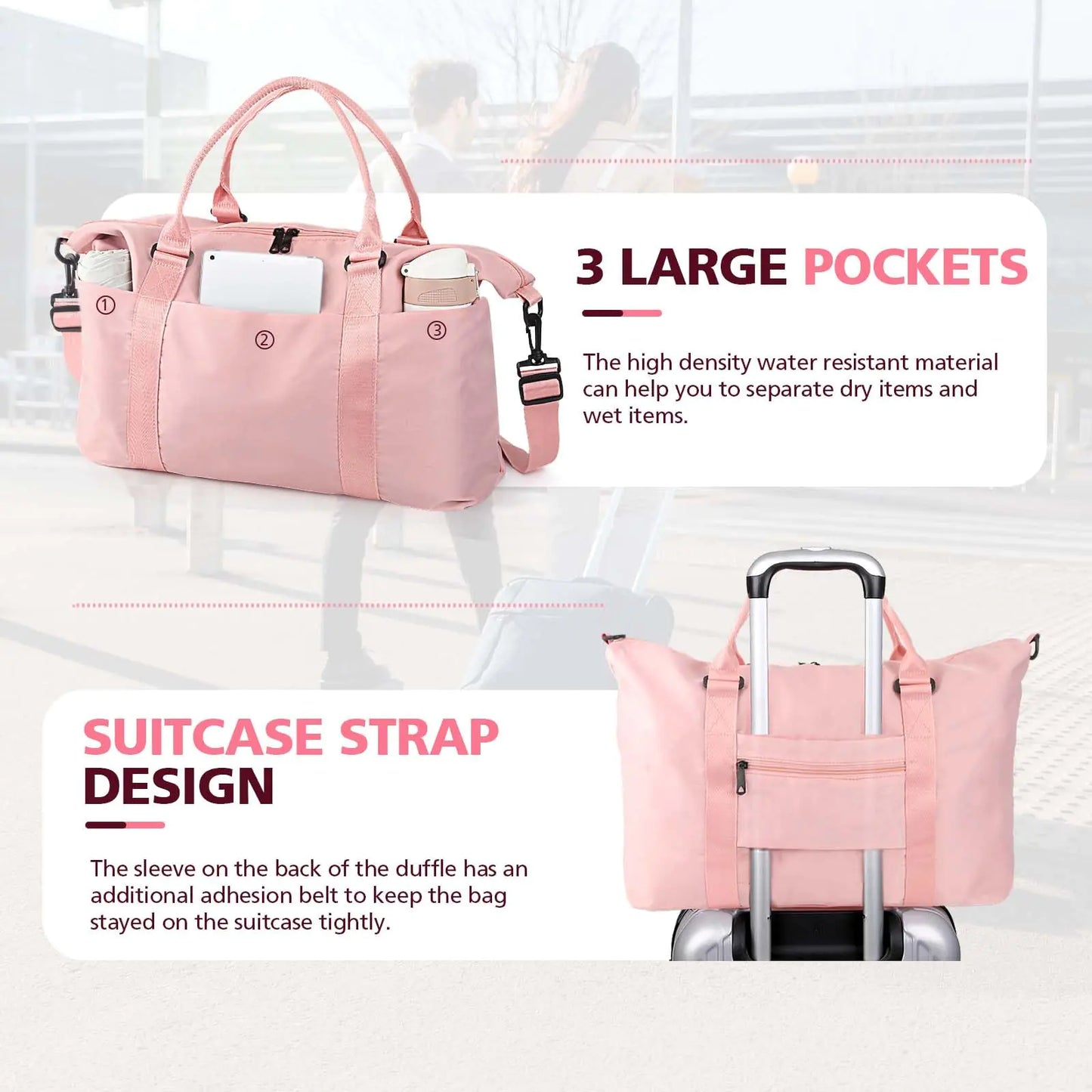 Travel Duffle Bag, Waterproof Weekender Bag Carry On Tote Bags for Women, Travel Essentials Sport Gym Bag for Men, Hospital Bag for Labor and Delivery, Overnight Bag Luggage Bag with Trolley Sleeve 01 Coral Pink