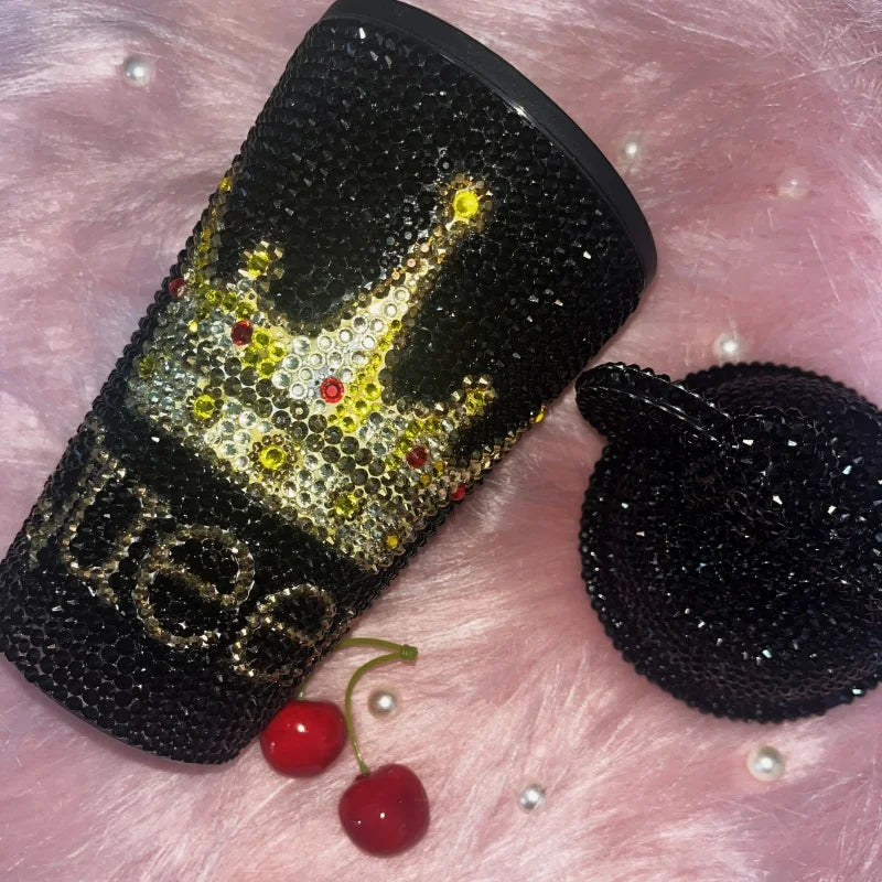 16oz Black Bling Queen Crown Gold Design Sparkle Rhinestone Tumbler with Straw Lid for Princess