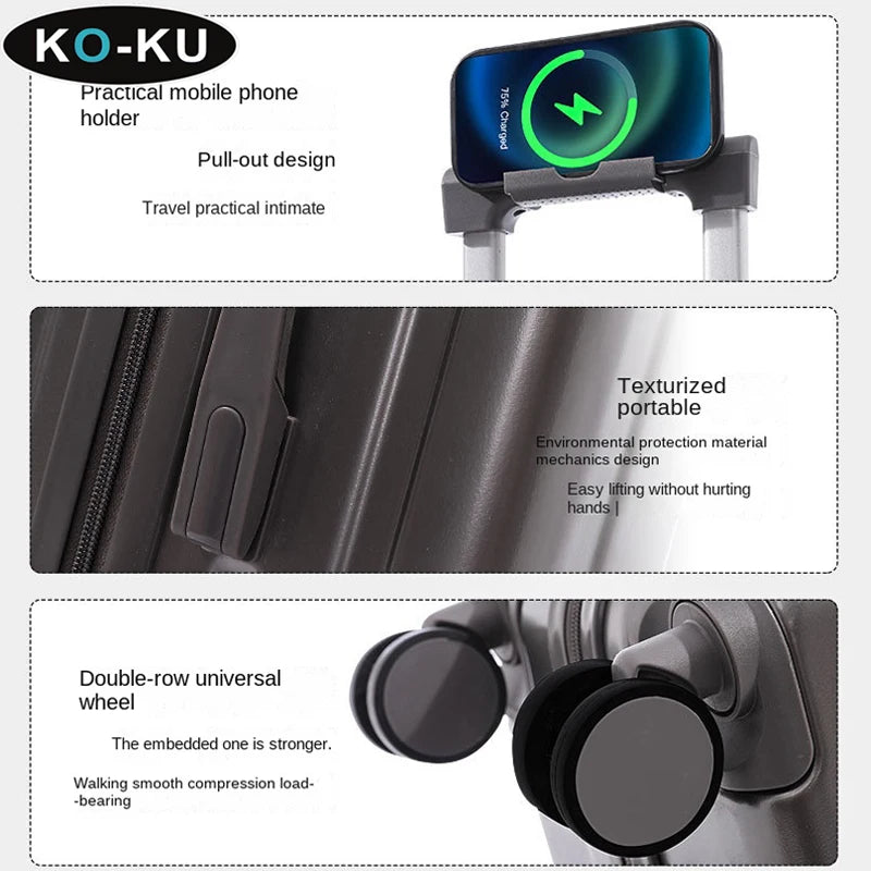 KO-KU Front Opening Lid Trolley Suitcase Business Carry On Boarding USB Charging Cup Holder Large Capacity Luggage20/22/24/26/28