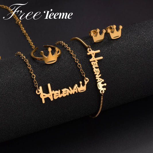 Freeteeme Personalized Name Necklace Bracelet for Women Kid Stainless Steel Custom Crown Earrings Ring Jewelry Set Birthday Gift