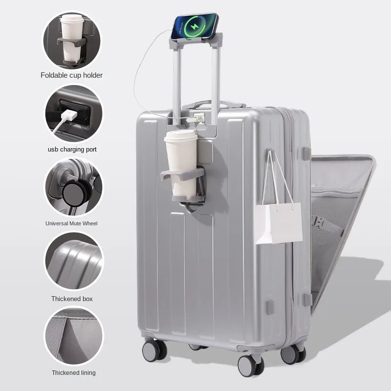 KO-KU Front Opening Lid Trolley Suitcase Business Carry On Boarding USB Charging Cup Holder Large Capacity Luggage20/22/24/26/28