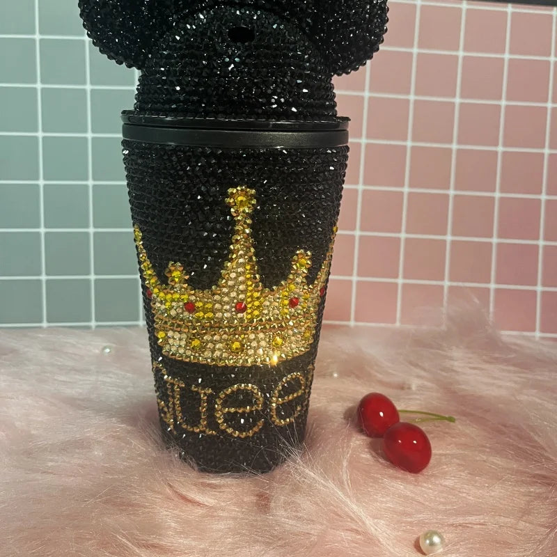 16oz Black Bling Queen Crown Gold Design Sparkle Rhinestone Tumbler with Straw Lid for Princess