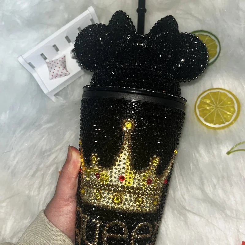 16oz Black Bling Queen Crown Gold Design Sparkle Rhinestone Tumbler with Straw Lid for Princess