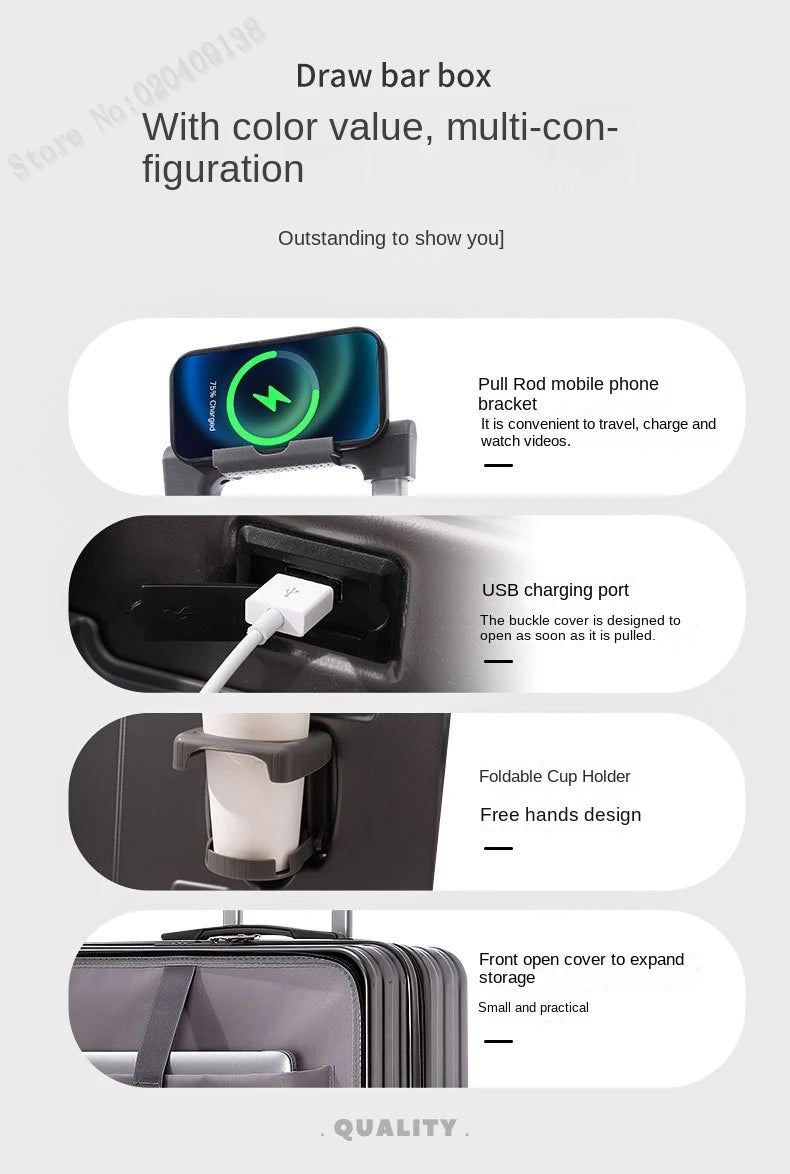 KO-KU Front Opening Lid Trolley Suitcase Business Carry On Boarding USB Charging Cup Holder Large Capacity Luggage20/22/24/26/28