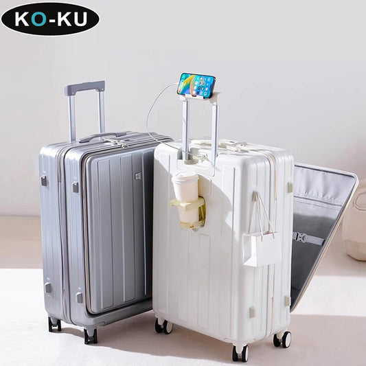 KO-KU Front Opening Lid Trolley Suitcase Business Carry On Boarding USB Charging Cup Holder Large Capacity Luggage20/22/24/26/28