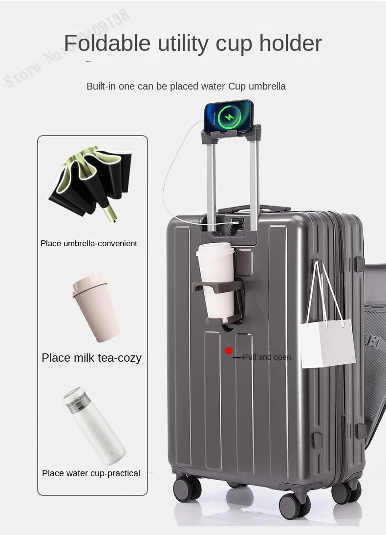 KO-KU Front Opening Lid Trolley Suitcase Business Carry On Boarding USB Charging Cup Holder Large Capacity Luggage20/22/24/26/28