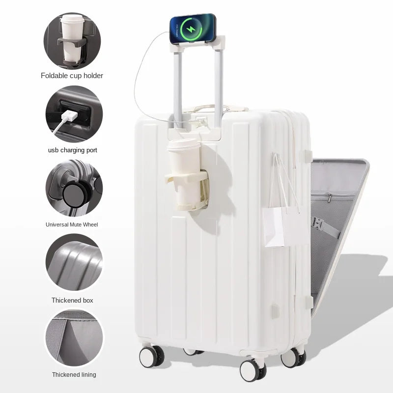 KO-KU Front Opening Lid Trolley Suitcase Business Carry On Boarding USB Charging Cup Holder Large Capacity Luggage20/22/24/26/28