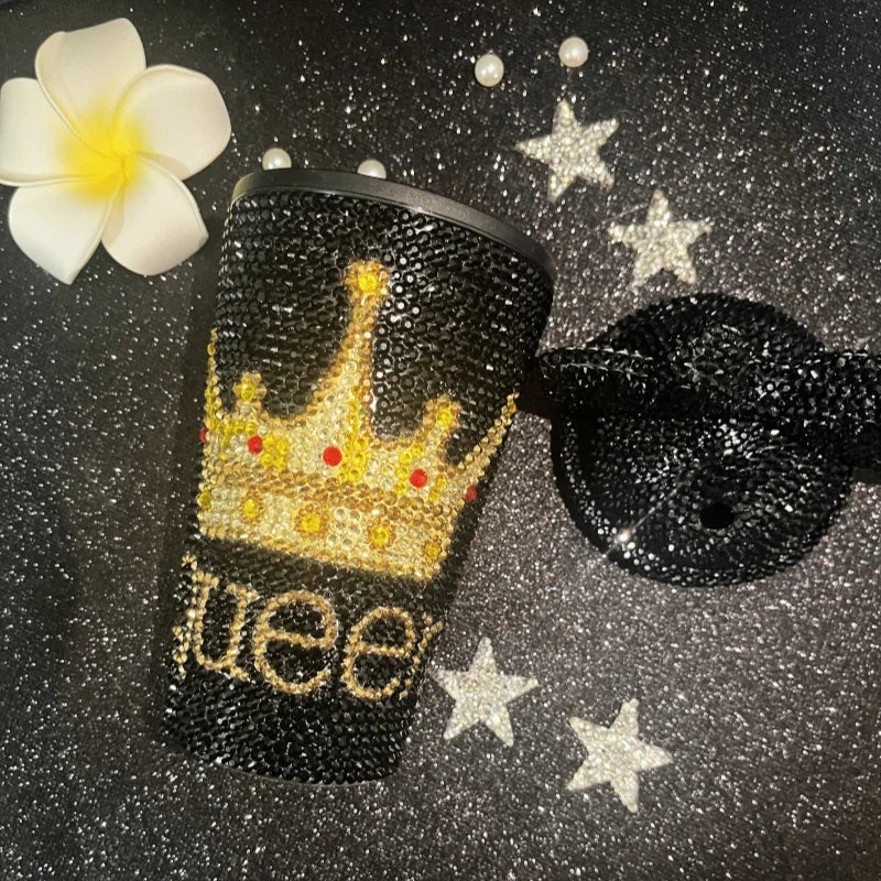 16oz Black Bling Queen Crown Gold Design Sparkle Rhinestone Tumbler with Straw Lid for Princess