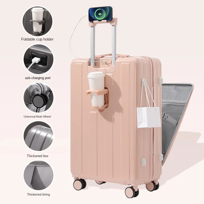 KO-KU Front Opening Lid Trolley Suitcase Business Carry On Boarding USB Charging Cup Holder Large Capacity Luggage20/22/24/26/28